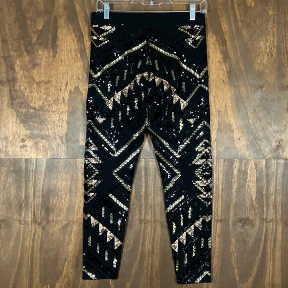 Express Womens Pants Black Gold Sequin High Rise Pull On Legging Stretch Small - Picture 10 of 12
